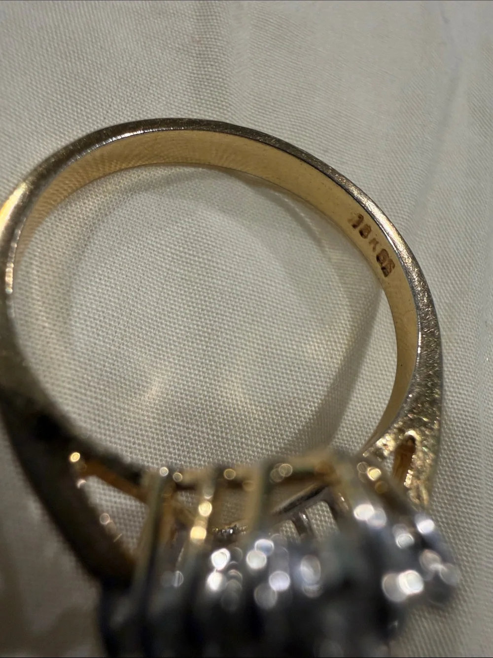 18K Gold Electroplated Ring with Deep Blue Kite-Cut Center and Clear Stones.